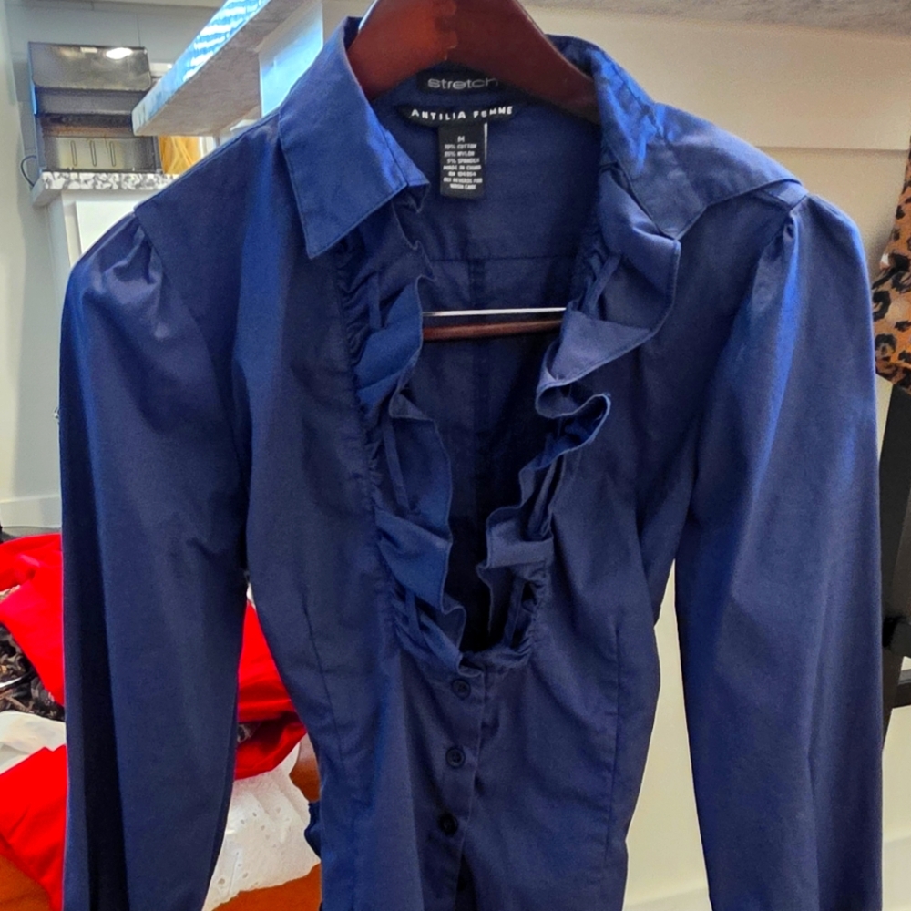 Blue Ruffled Button-Up Shirt